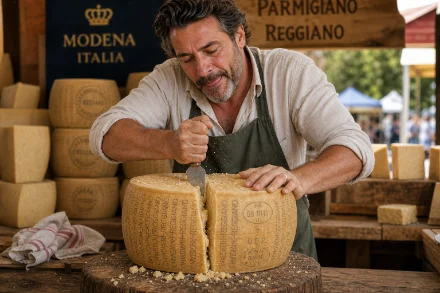 Hasse klyver ett hjul Parmigiano Reggiano vid ostdisken